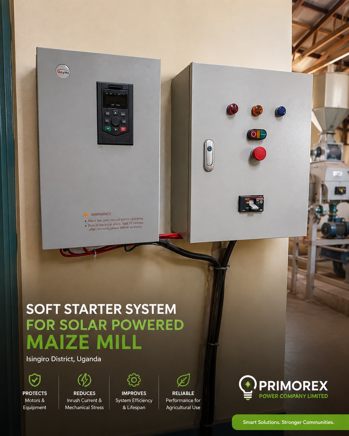 Solar-powered maize mill soft starter system, Isingiro